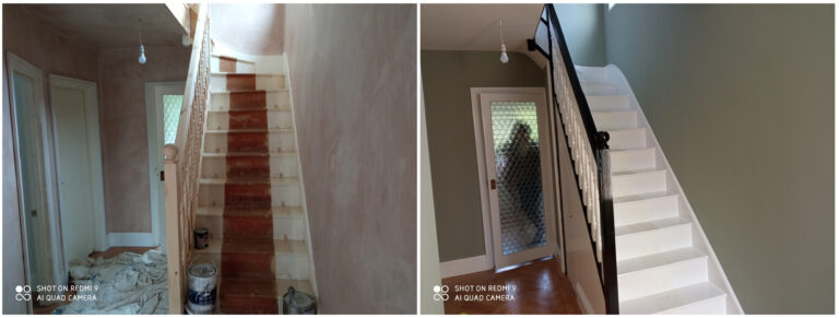 New plaster and bare wood banister to a good finish